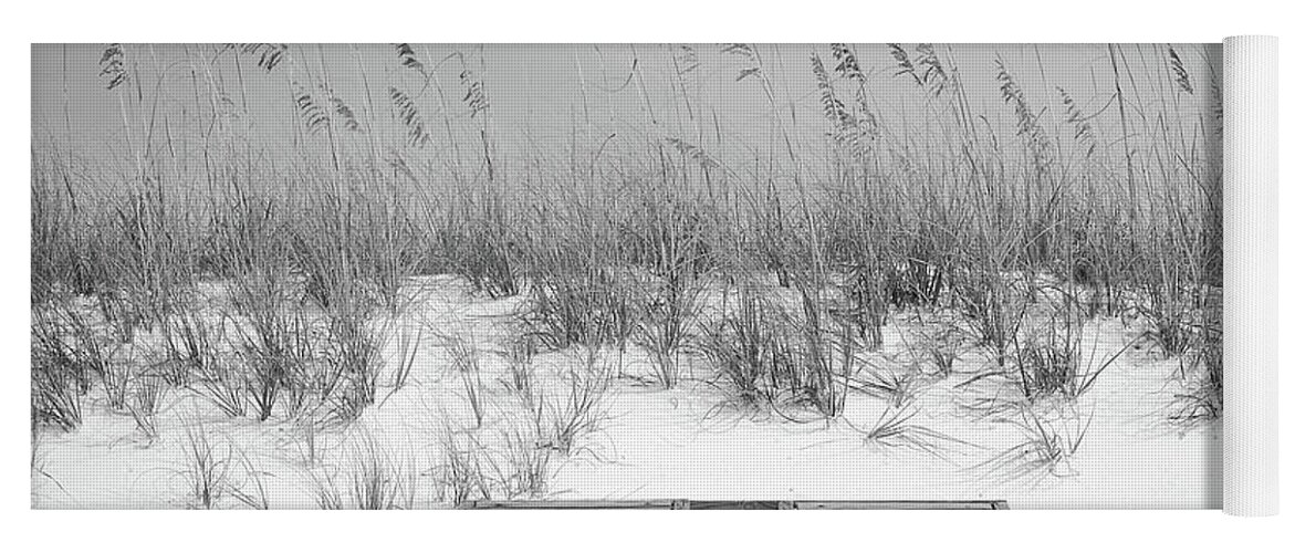 Destin Yoga Mat featuring the photograph Dual Wooden Tanning Beds on White Sand Dune Destin Florida Black and White Digital Art by Shawn O'Brien