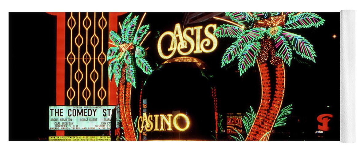 Unes Oasis Casino Neon Entrance Yoga Mat featuring the photograph Dunes Casino and Oasis Casino Neon Signs at Night by Aloha Art