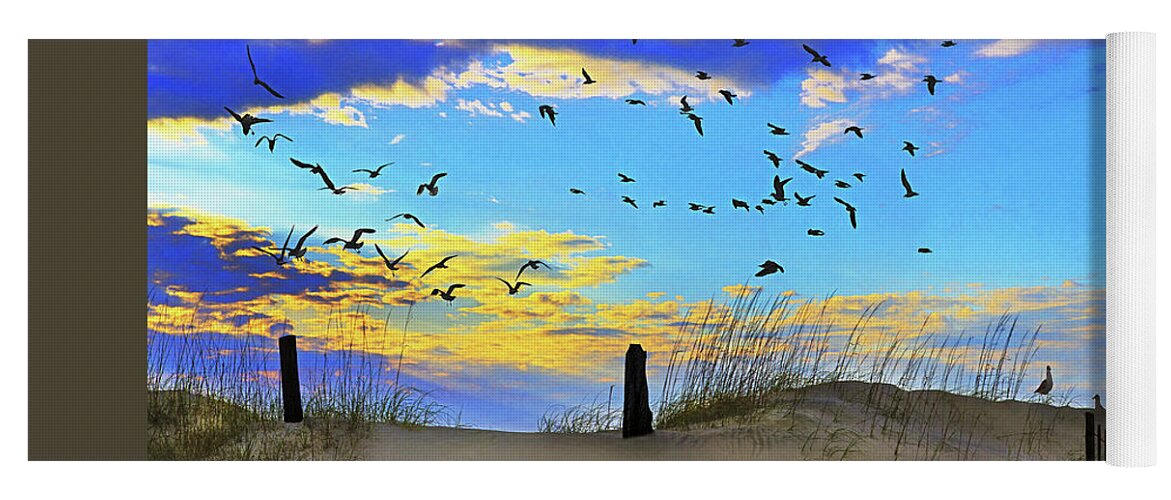 Gulls Yoga Mat featuring the photograph Dunes, Grass And Gulls, Sunrise,south Carolina by Don Schimmel