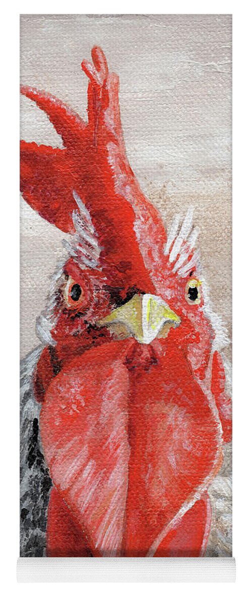 Rooster Yoga Mat featuring the painting EGG-scuse-me Rooster Painting by Annie Troe