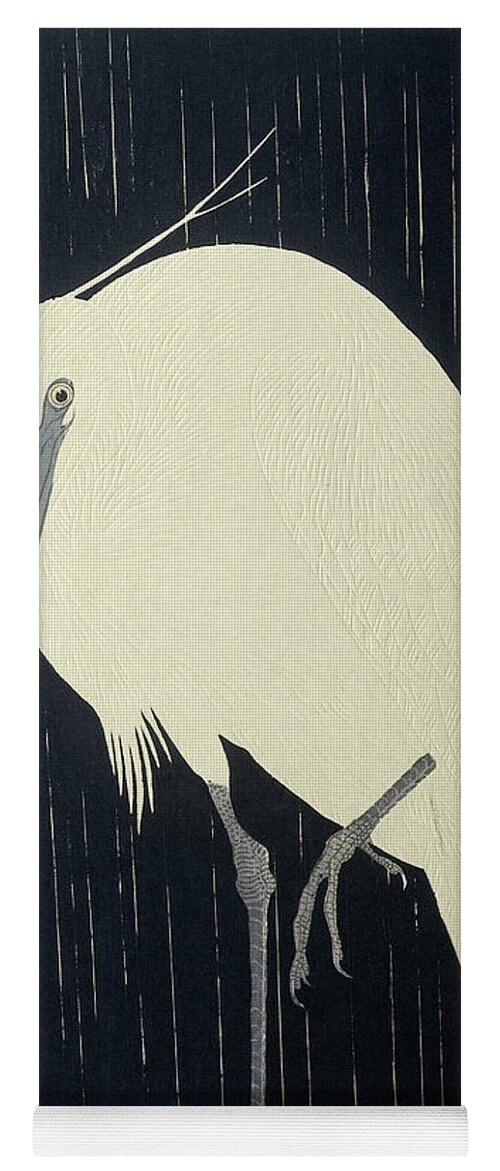 Egret Yoga Mat featuring the painting Egret in the rain by Ohara Koson by Ohara Koson