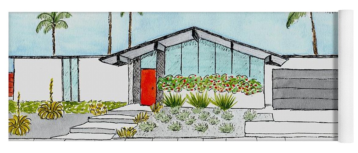 Mid Century Modern Home Yoga Mat featuring the painting Eichler Home in California by Donna Mibus