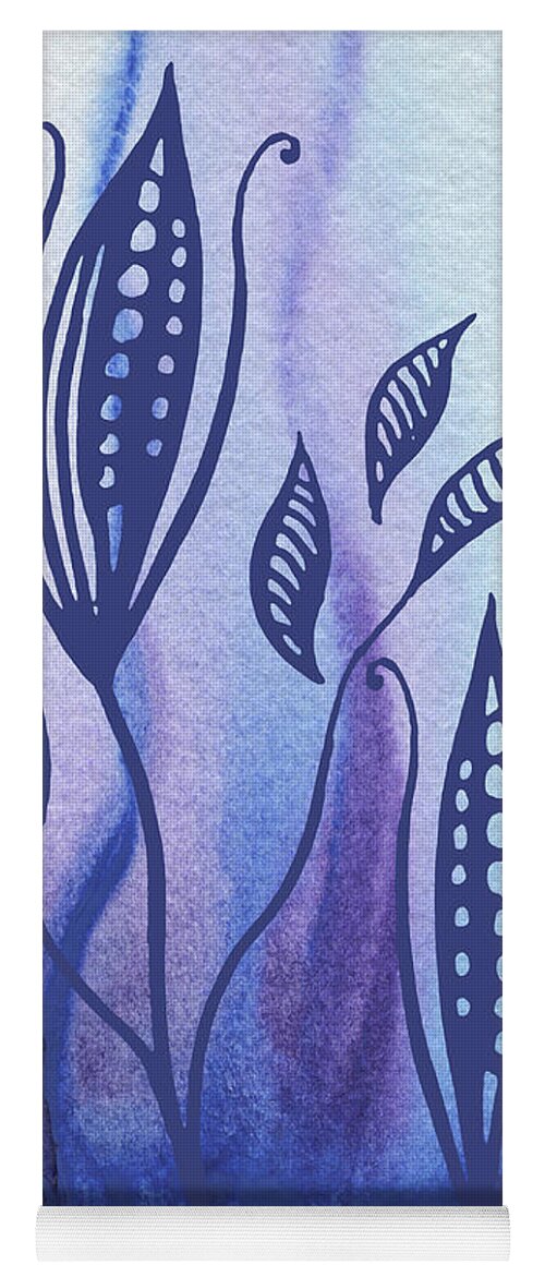 Floral Pattern Yoga Mat featuring the painting Elegant Pattern With Leaves In Blue And Purple Watercolor II by Irina Sztukowski