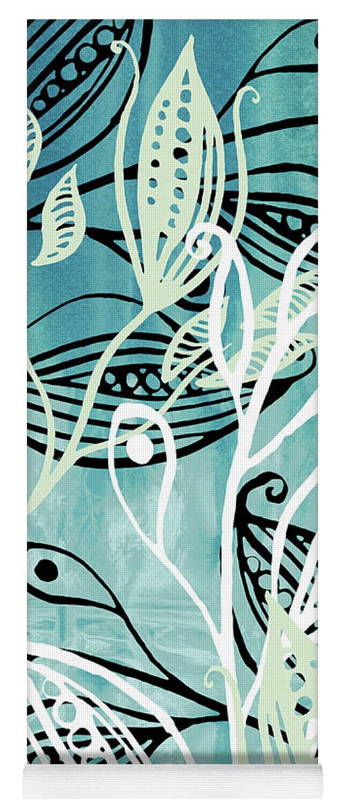 Pods Yoga Mat featuring the painting Elegant Pods And Seeds Pattern With Leaves Teal Blue Watercolor IV by Irina Sztukowski