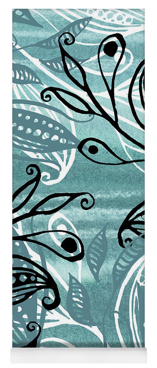 Pods Yoga Mat featuring the painting Elegant Pods And Seeds Pattern With Leaves Teal Blue Watercolor V by Irina Sztukowski