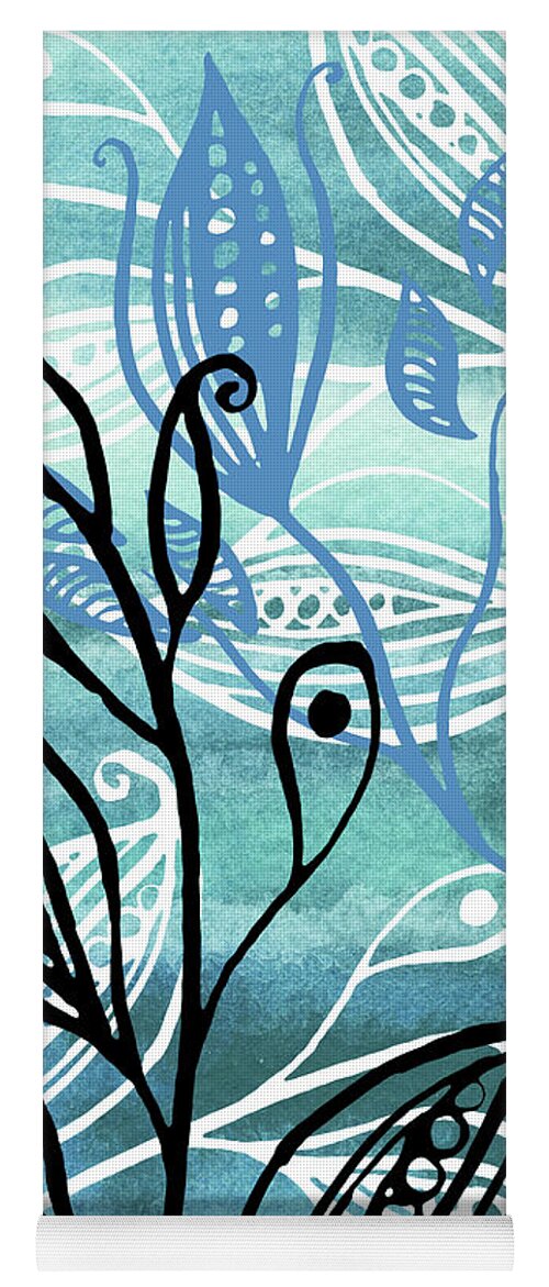 Pods Yoga Mat featuring the painting Elegant Pods And Seeds Pattern With Leaves Teal Blue Watercolor VI by Irina Sztukowski