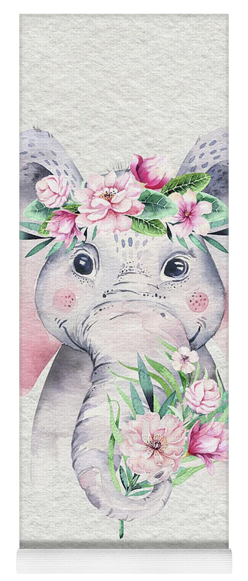 Elephant Yoga Mat featuring the painting Elephant With Flowers by Nursery Art
