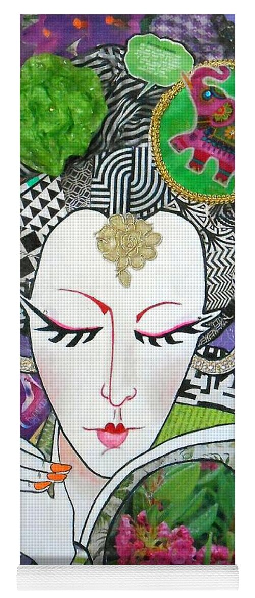 Geisha Yoga Mat featuring the mixed media Elephants in Her Hair--an Indian Geisha by Jayne Somogy
