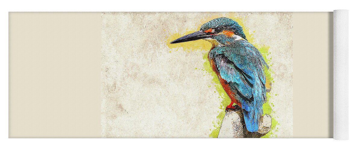 Common Yoga Mat featuring the painting Emerald Blue Common Kingfisher by Custom Pet Portrait Art Studio