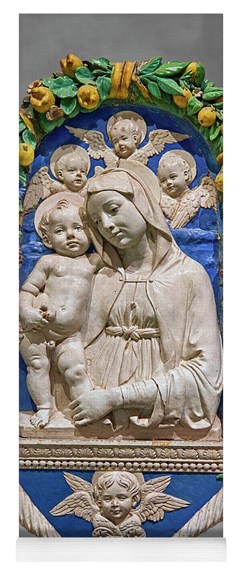 Enamelled Terracotta Relief Panel Yoga Mat featuring the relief Enamelled terracotta relief of the Virgin and Child by Andrea della Robbia 1435 by Paul E Williams