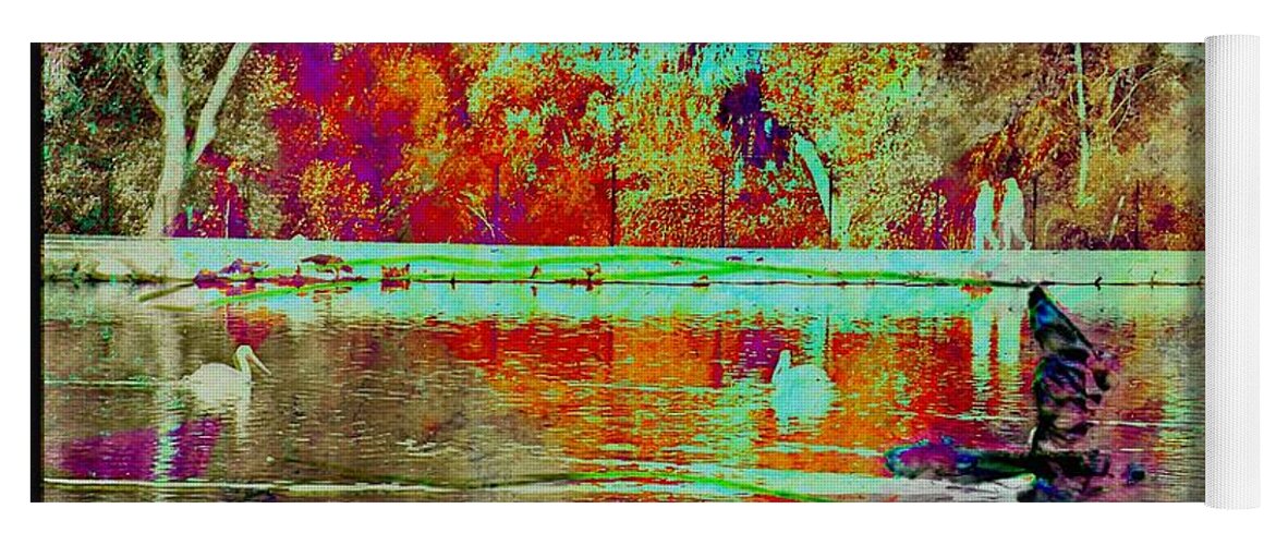 Enchanted Lake Abstract Photograph Silhouettes People Trees Water Ducks Wake Turquoise Orange Brown Red Tan Glass Bird Green Black Sandiego California Yoga Mat featuring the digital art Enchanted Lake Abstract by Kathleen Boyles