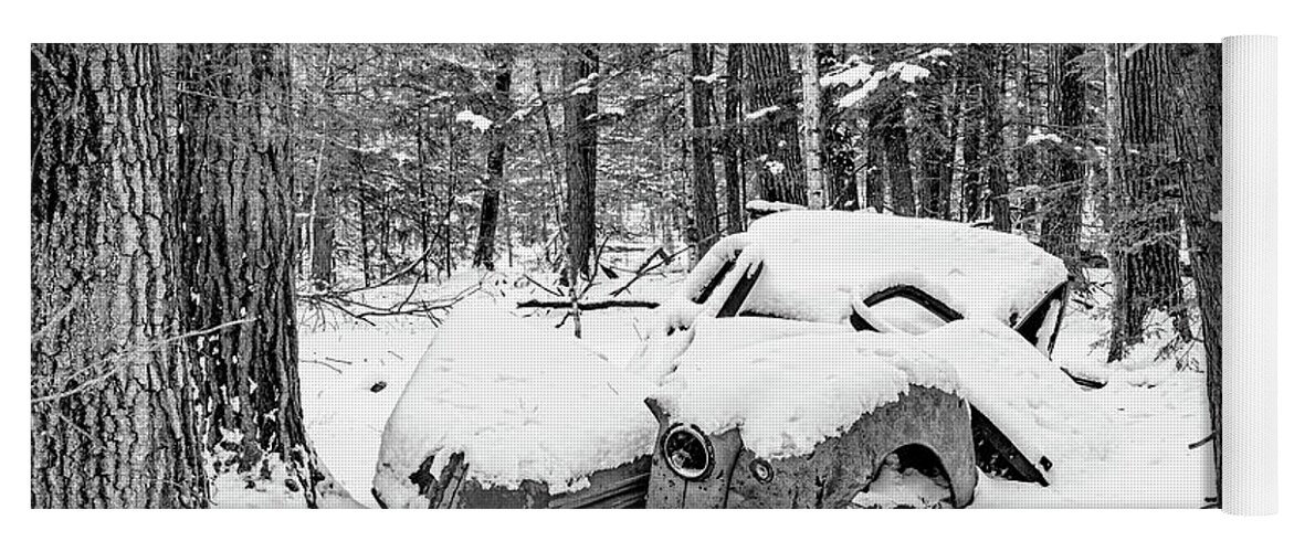 #fine Art Photograph #black And White Photograph #abandoned #wisconsin #old #antique #woods #forest #trees #shadows #history #old Parts #ford Truck #ford Automobile #walk In The Woods #afternoon Walk #afternoon Light #highlights #wall Decor #wall Art Yoga Mat featuring the photograph End of the road by David Heilman