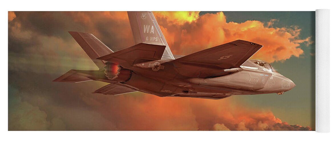 F-35 Yoga Mat featuring the digital art F-35 jet fighter skirting sunset thunderhead by James Vaughan