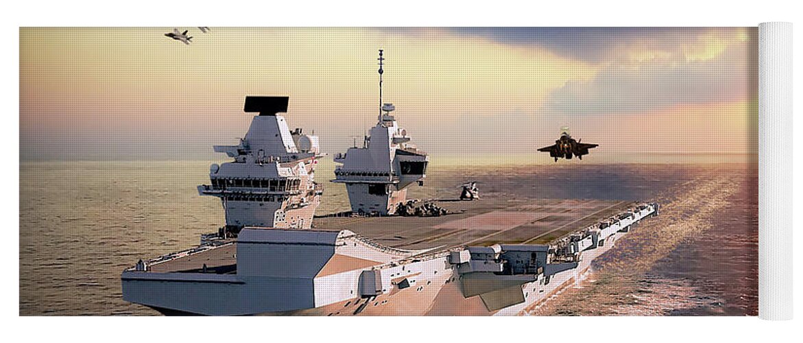 F-35 Yoga Mat featuring the digital art F-35s and HMS Queen Elizabeth by Airpower Art