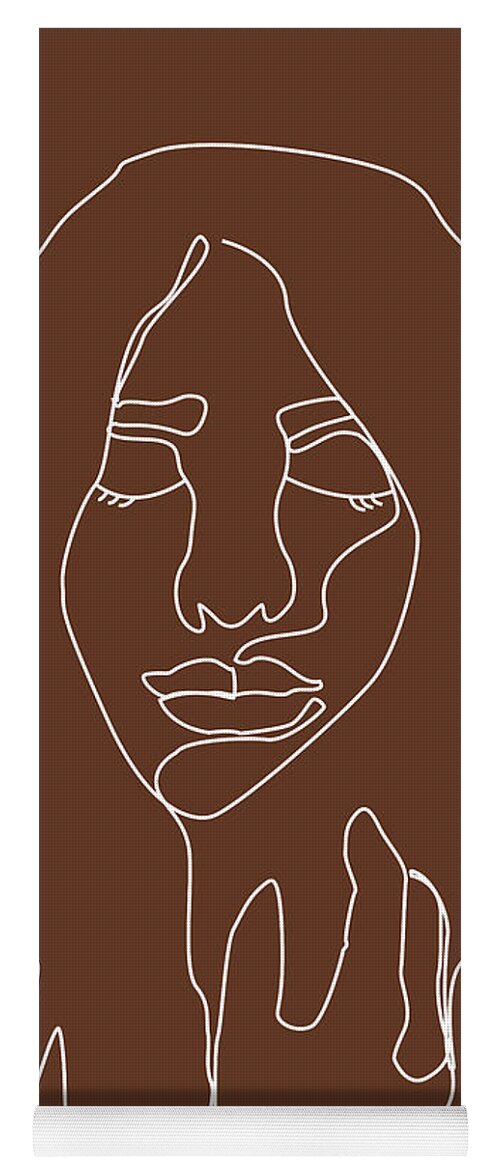 Portrait Yoga Mat featuring the mixed media Face 02 - Abstract Minimal Line Art Portrait of a Girl - Single Stroke Portrait - Terracotta, Brown by Studio Grafiikka