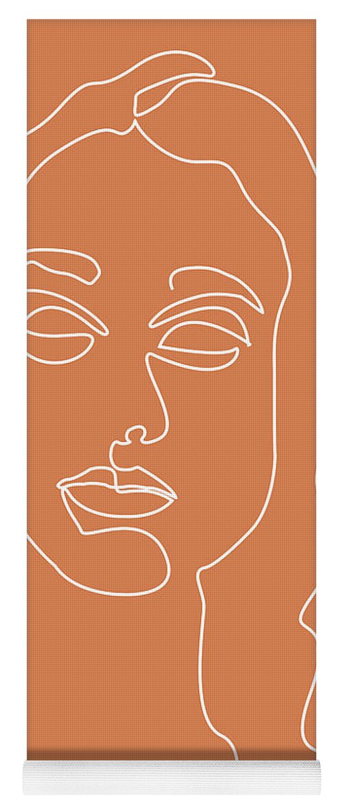 Portrait Yoga Mat featuring the mixed media Face 08 - Abstract Minimal Line Art Portrait of a Girl - Single Stroke Portrait - Terracotta, Brown by Studio Grafiikka