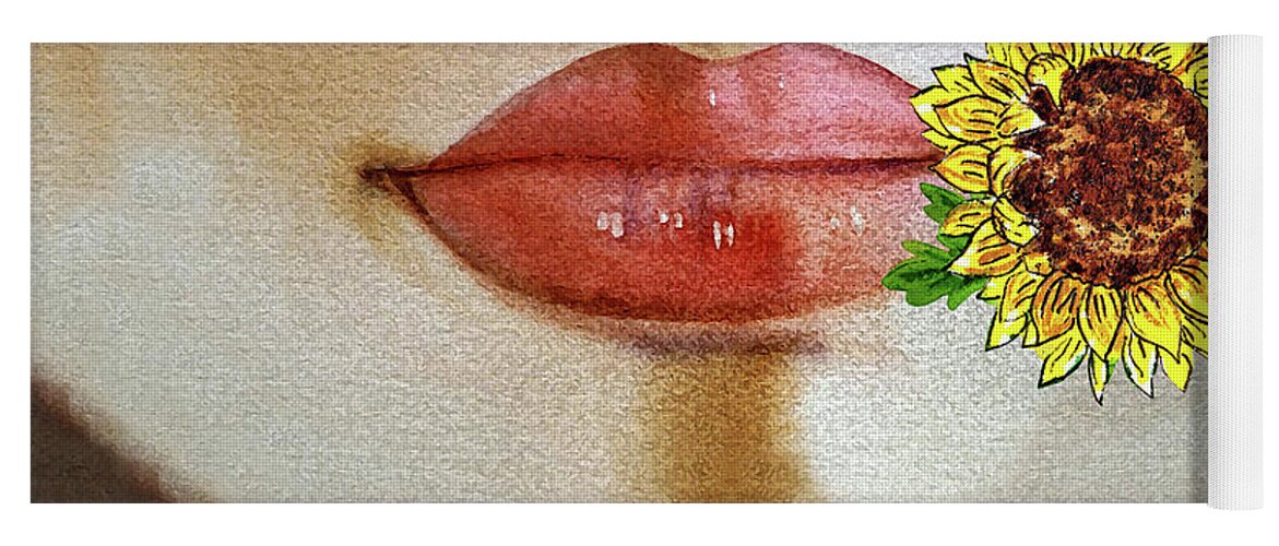 Face Mask Yoga Mat featuring the painting Face With Lips Nose And Sunflower Flower Watercolor by Irina Sztukowski