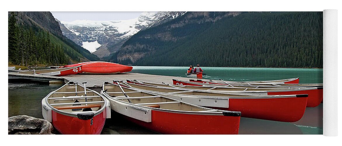 Alberta Yoga Mat featuring the photograph Fan Shaped Canoes - Lake Louise Banff - Banff National Park - Alberta - Canada by Paolo Signorini
