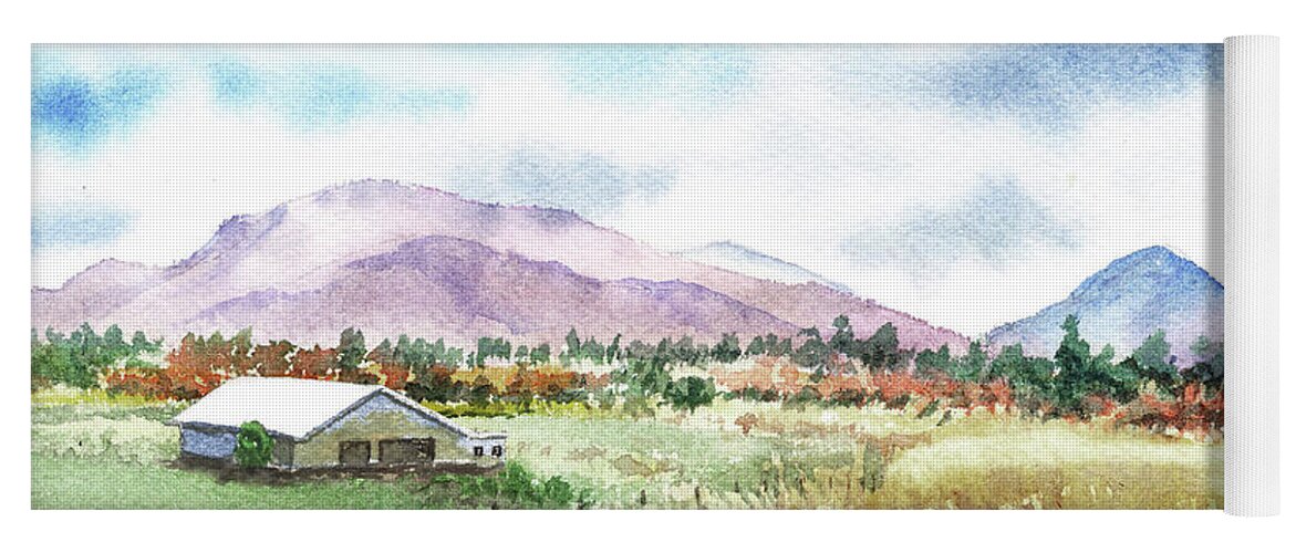 Barn Yoga Mat featuring the painting Farm Barn Mountains Road In The Field Watercolor Impressionism by Irina Sztukowski