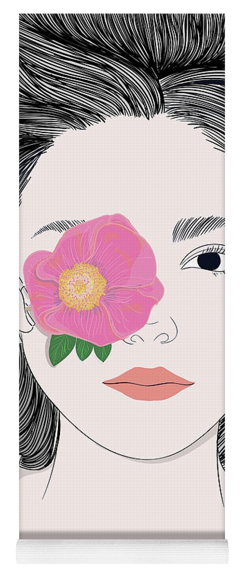 Graphic Yoga Mat featuring the digital art Fashion Girl With Long Hair And A Flower - Line Art Graphic Illustration Artwork by Sambel Pedes