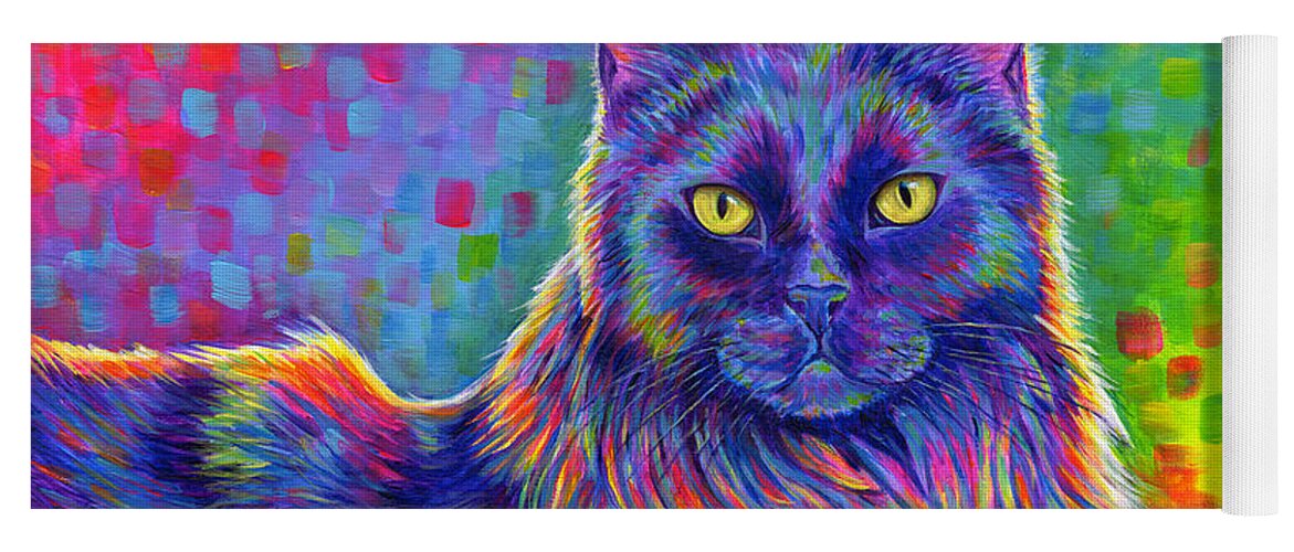 Cat Yoga Mat featuring the painting Psychedelic Rainbow Black Cat - Felix by Rebecca Wang