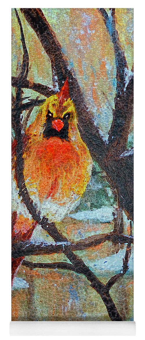Ms. Cardinal Keeping Warm In A Snowstorm Yoga Mat featuring the painting Female Cardinal keeping warm in a snowstorm by Bonnie Marie