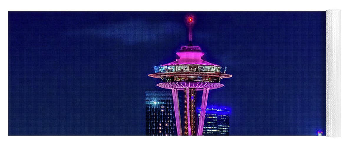 Seattle; Blue Hour; Kerry Park; Seattle Skyline; Seattle Cityscape; Space Needle; Seattle Icon Yoga Mat featuring the photograph Festive Lights by Emerita Wheeling