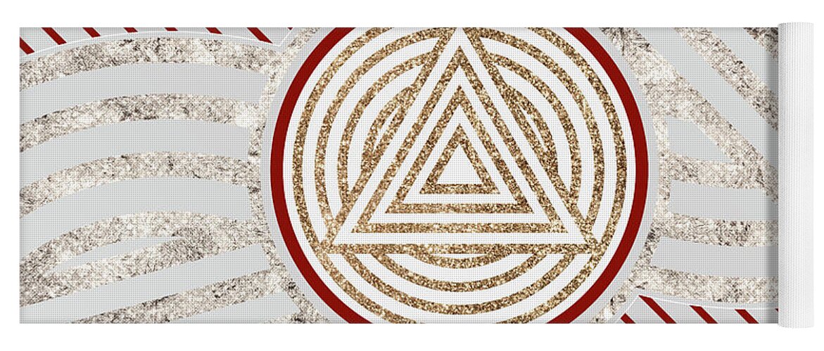 Abstract Yoga Mat featuring the mixed media Festive Sparkly Geometric Glyph Art in Red Silver and Gold n.0087 by Holy Rock Design