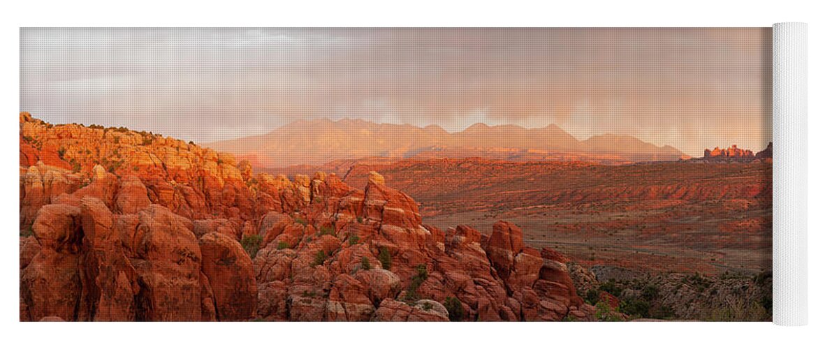 Arches National Park Yoga Mat featuring the photograph Fiery Furnace Sunset Panorama by Aaron Spong