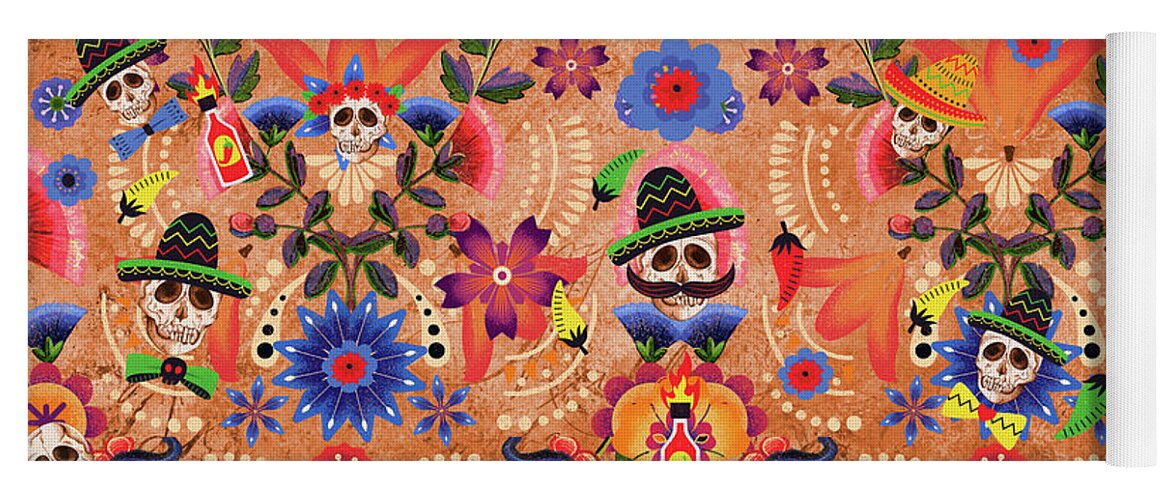 Dia De Los Muertos Yoga Mat featuring the digital art Fiesta by Claudia McKinney