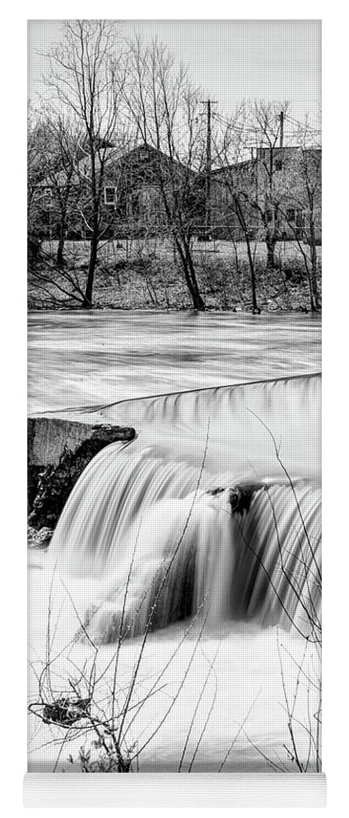 Waterfall Yoga Mat featuring the photograph Finley River Dam By Ozark Mill Grayscale by Jennifer White