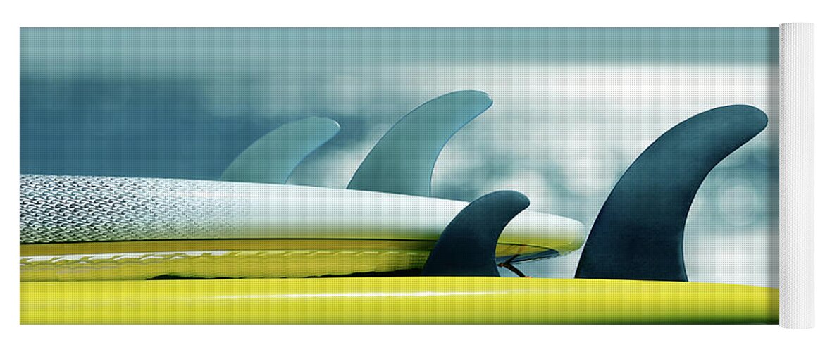 Surfer Yoga Mat featuring the photograph Fins Up Surfboard Stack by Laura Fasulo