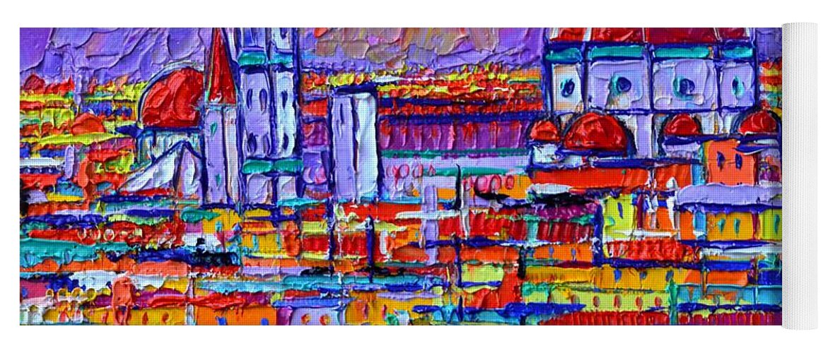 Abstract Cityscape Yoga Mat featuring the painting FIRENZE ABSTRACT ROOFTOPS AT SUNSET textural impasto palette knife oil painting Ana Maria Edulescu by Ana Maria Edulescu