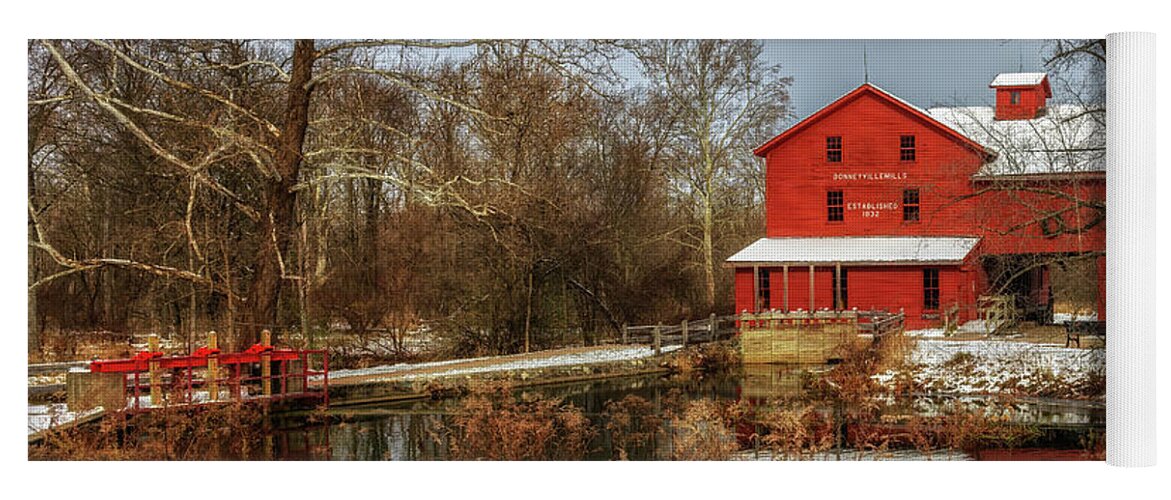 Grist Mill Yoga Mat featuring the photograph First Snow at Bonneyville Mills by Susan Rissi Tregoning