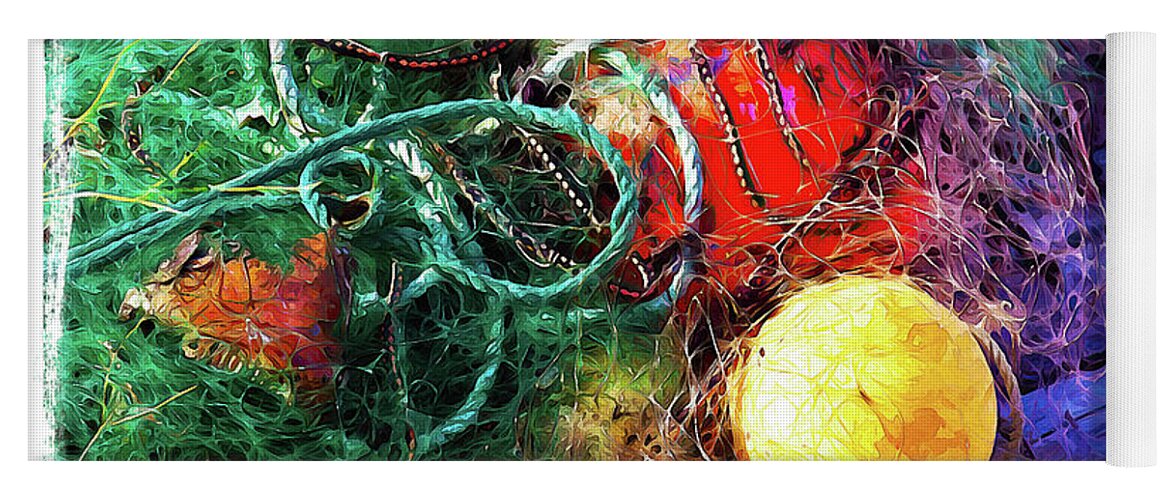 Fishing Net Yoga Mat featuring the mixed media Fishing net and buoys NFL - Painting by Tatiana Travelways