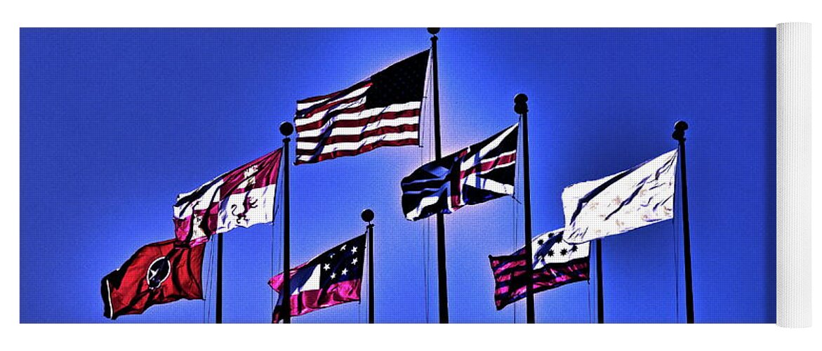 America Yoga Mat featuring the digital art Flags Against A Dark Blue Sky by David Desautel