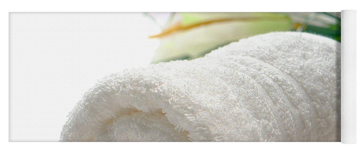 Bath Yoga Mat featuring the photograph Fluffy White Cotton Hand Towel in a Spa by Olivier Le Queinec