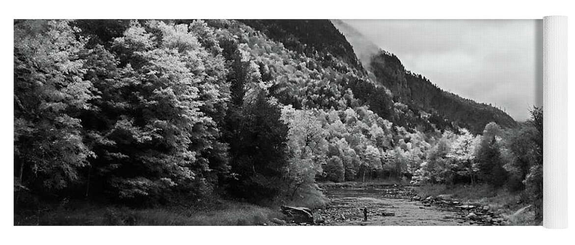 Wilmington Yoga Mat featuring the photograph Fly Fishing in the Fall Foliage Wilmington NY Adirondacks Misty Day Black and White by Toby McGuire