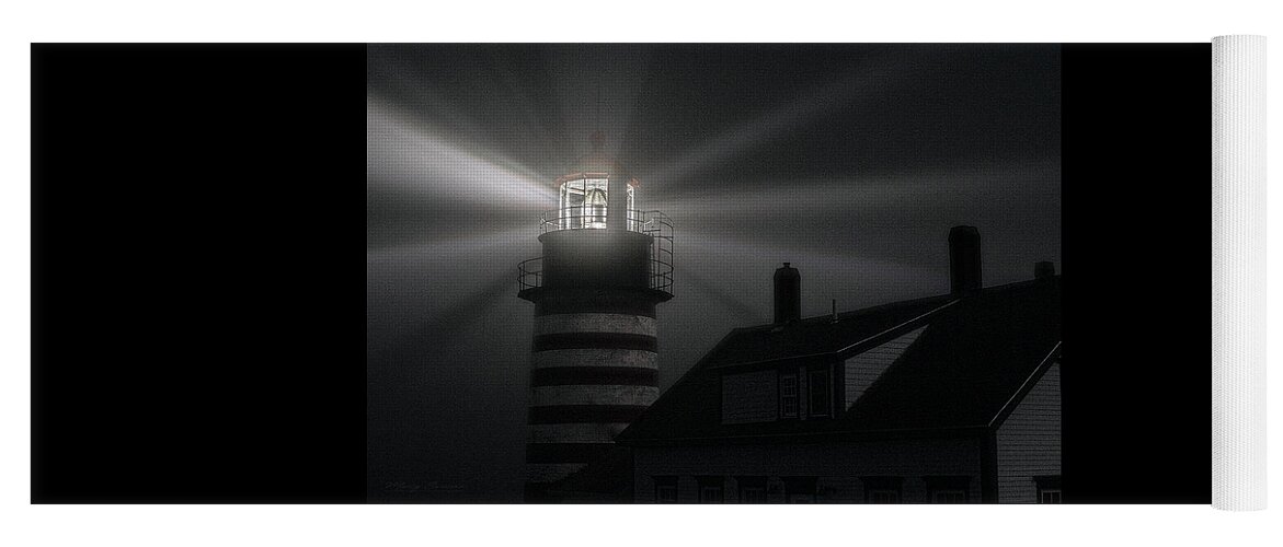 West Quoddy Head Light Yoga Mat featuring the photograph Fog and Moonlight At West Quoddy Head Lighthouse by Marty Saccone