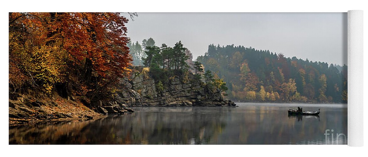 Austria Yoga Mat featuring the photograph Foggy Landscape With Fishermans Boat On Calm Lake And Autumnal Forest At Lake Ottenstein In Austria by Andreas Berthold