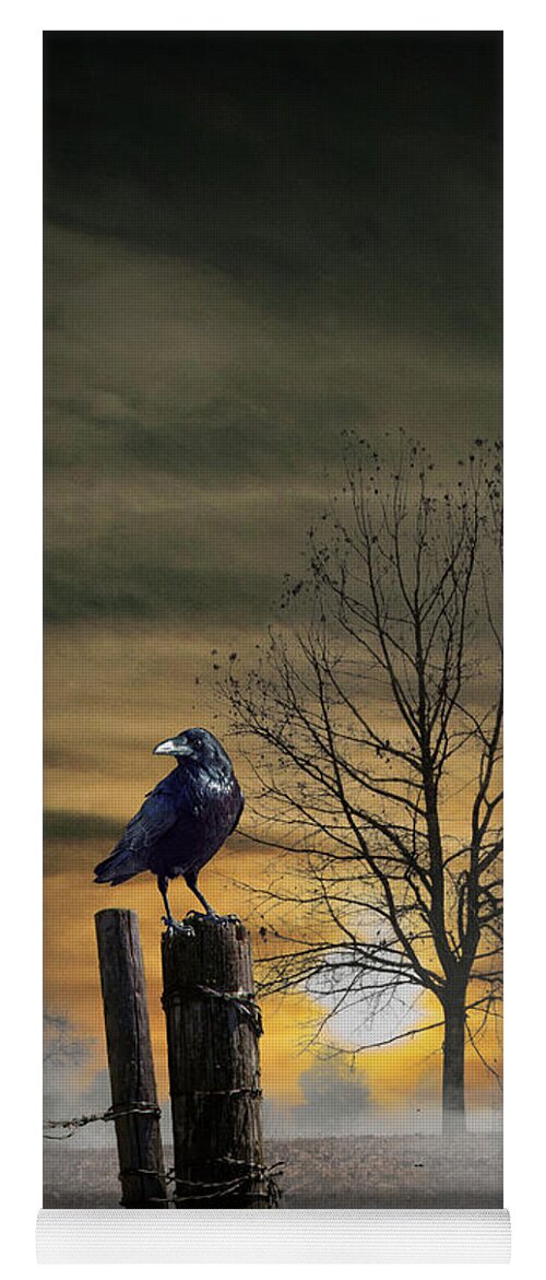 Art Yoga Mat featuring the photograph Foggy Orange Sunrise with Ravens by Randall Nyhof