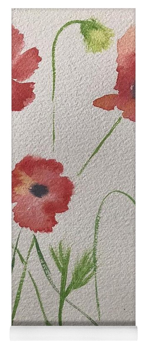 Four Red Poppies Flowers Yoga Mat featuring the painting Four Poppies by Nina Jatania