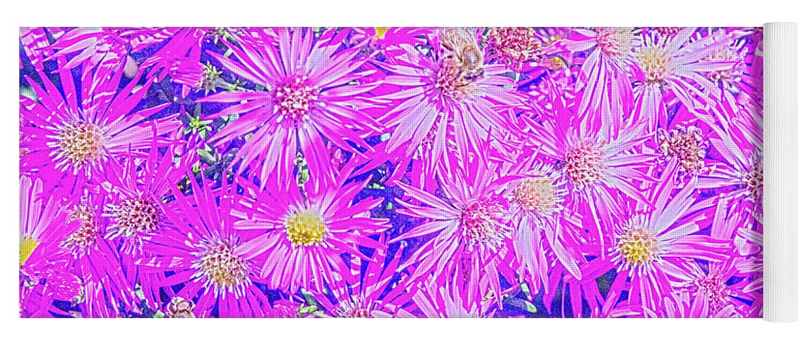Pacific Northwest Yoga Mat featuring the digital art Fuchsia Flowers On Blue by David Desautel