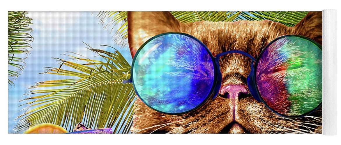 Cat Yoga Mat featuring the mixed media Funny Cat on Beach 675 by Lucie Dumas