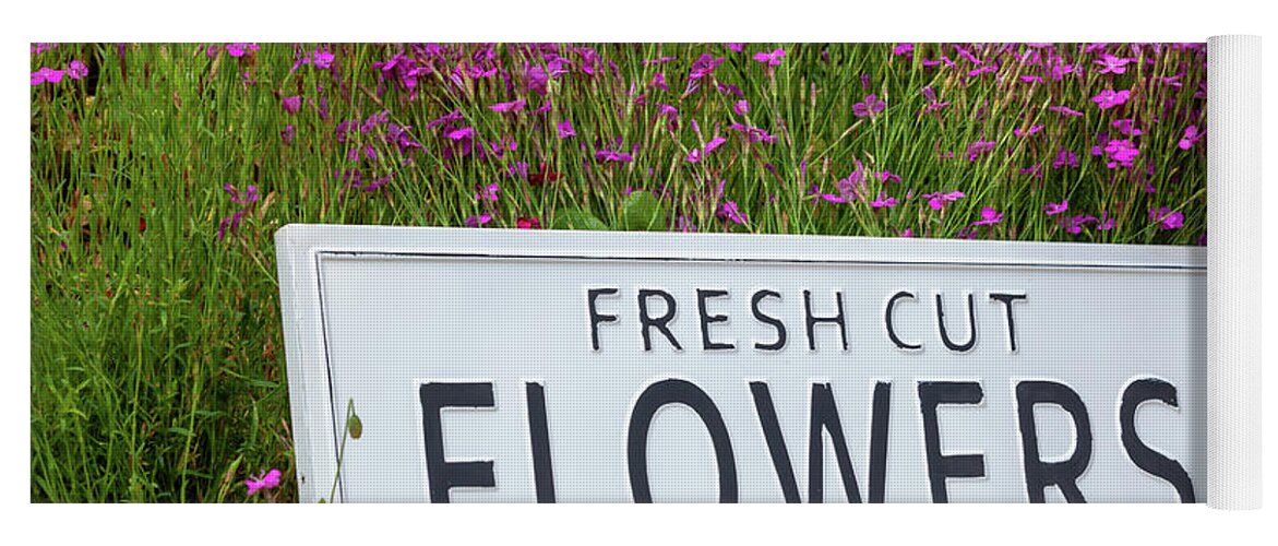Flowers Yoga Mat featuring the photograph Garden flowers with fresh cut flower sign 0738 by Simon Bratt