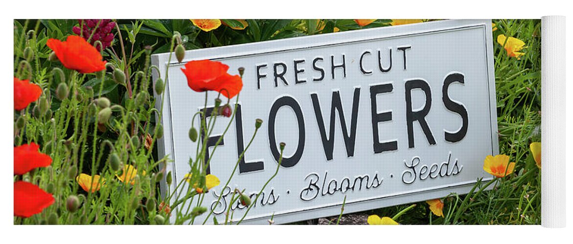 Flowers Yoga Mat featuring the photograph Garden flowers with fresh cut flower sign 0765 by Simon Bratt