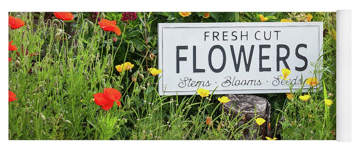 Arrangement Yoga Mat featuring the photograph Garden flowers with fresh cut flower sign 0771 by Simon Bratt