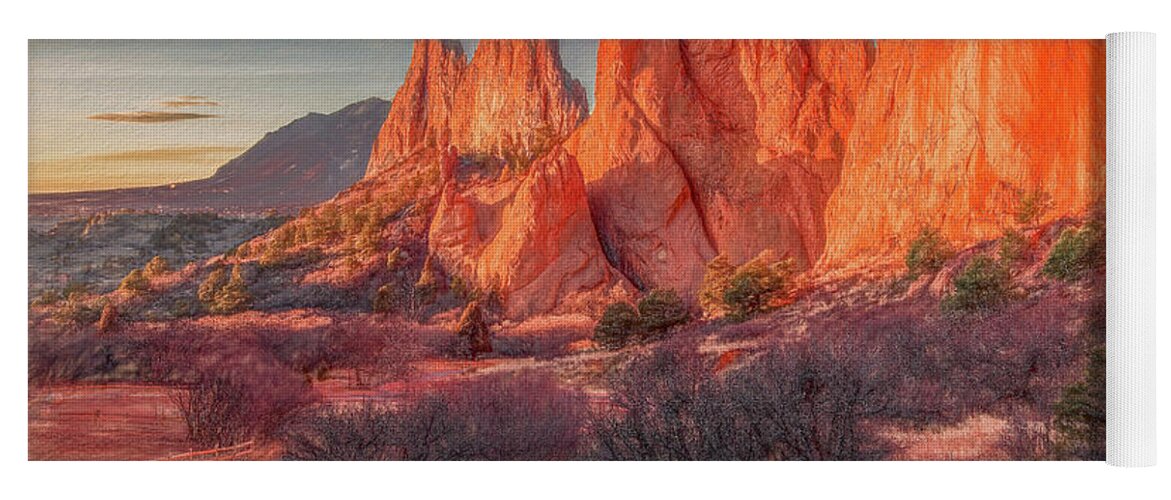 Garden Of The Gods Yoga Mat featuring the photograph Garden of the Gods Sunrise, Painterly by Marcy Wielfaert