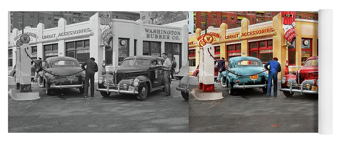 Washington Yoga Mat featuring the photograph Gas Station - The rush before rationing 1943 - Side by Side by Mike Savad