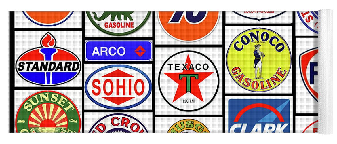 Gasoline Signs Yoga Mat featuring the mixed media Gasoline Brands Sold Now or Then by Pheasant Run Gallery